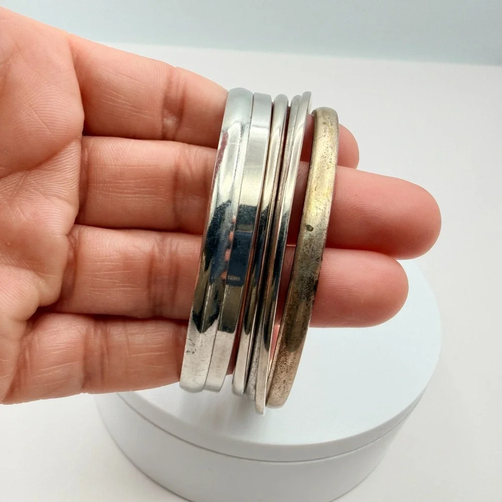 Vintage 90s Silver Tone Minimalist Bangles‎ Set Women's Classic Fashion Jewelry